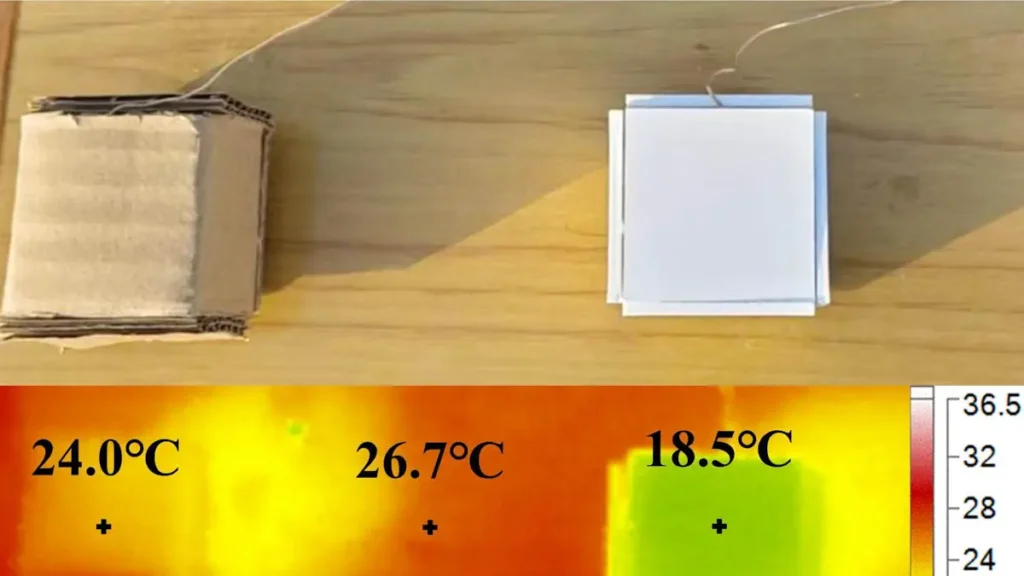 En émettant 96 % de toute la lumière - infrarouge et visible - les feuilles de polymère peuvent refroidir une température extérieure de 80 degrés Fahrenheit à 65,3 degrés Fahrenheit à l'intérieur de la boîte, comme on peut le voir à droite. En revanche, une boîte en carton ordinaire de mêmes dimensions refroidit l'espace à 75,2 degrés Fahrenheit (à gauche). 